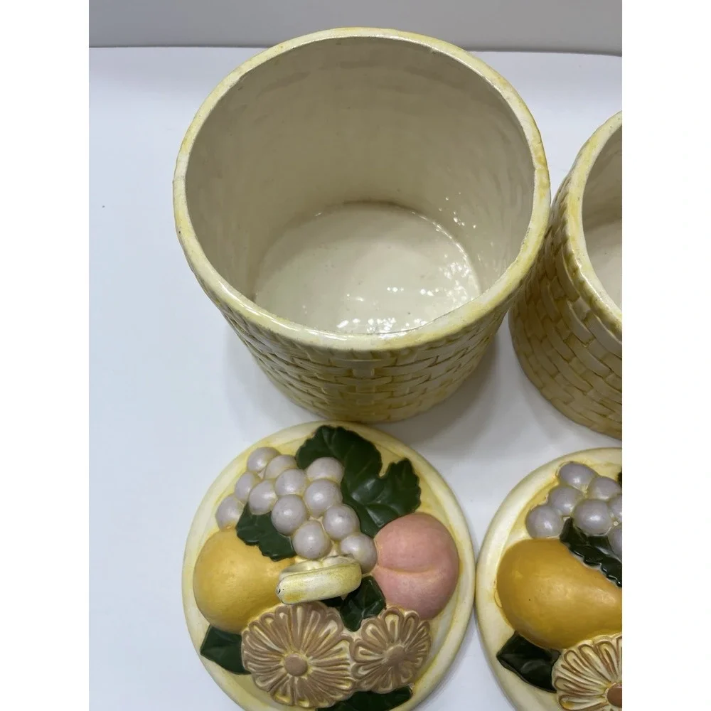 Vintage Ceramic Canister Set Of 2 Yellow Basket Weave Fruit With Lids 1970s
